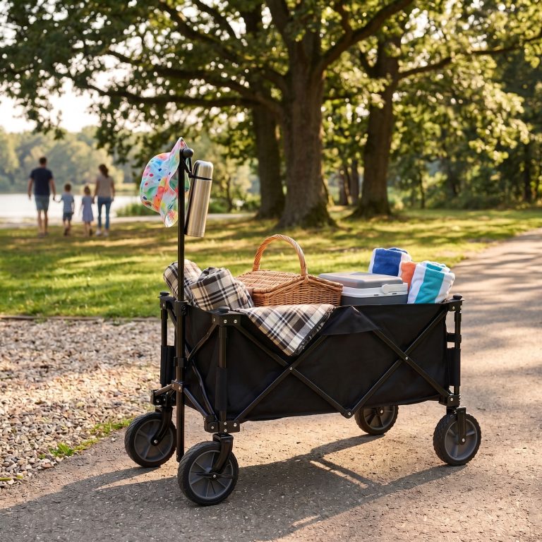 Zusammenklappbarer Bollerwagen – drehbare Vollräder – Bodenplatte – stabiles Gestell – 80 kg max - alternatives Bild