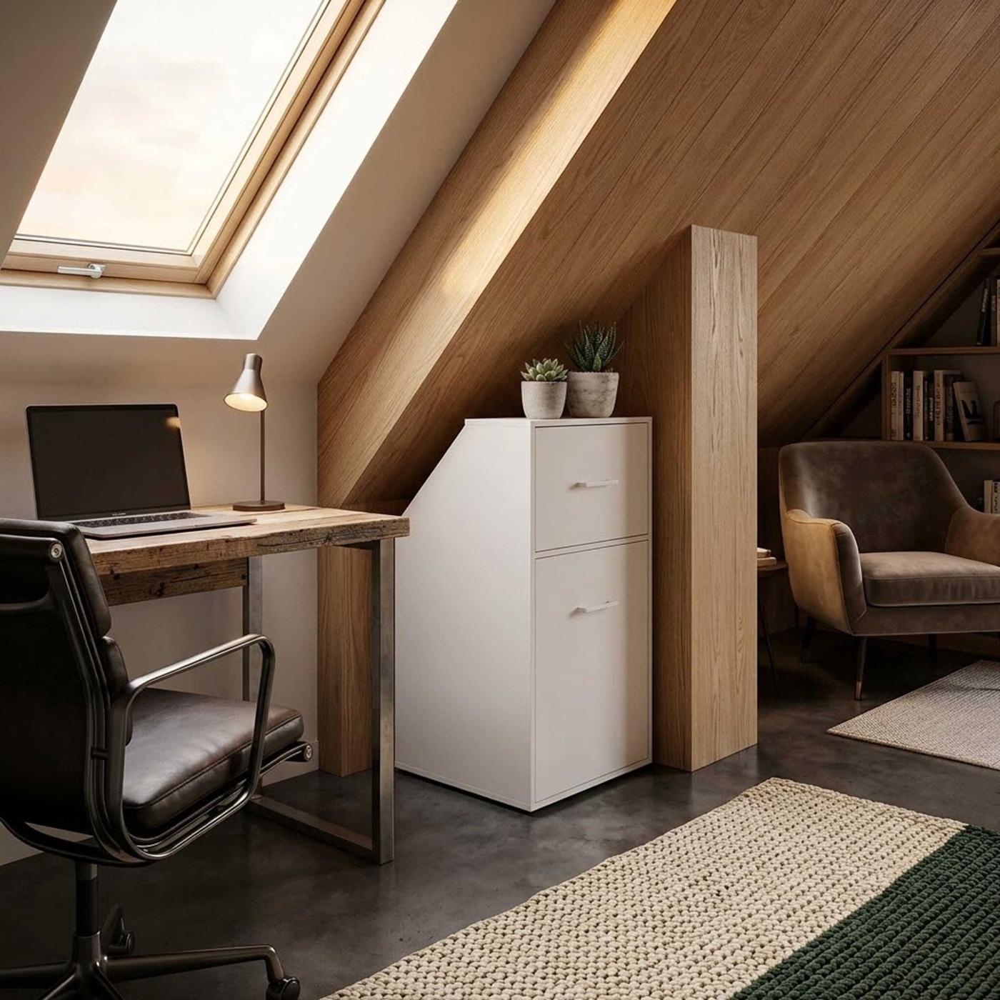 VDD – Schrank mit schräger Wand – Dachbodenschrank – Kommode – Aufbewahrungsschrank – Weiß - alternatives Bild